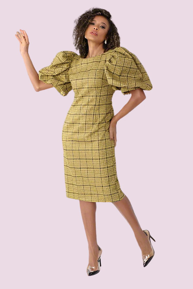 Puff Sleeve Plaid Midi Dress -82015
