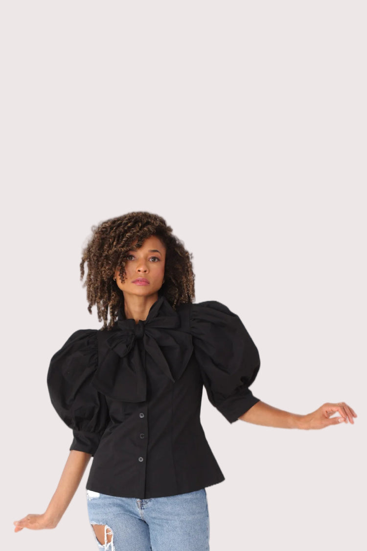 Puff Sleeve Tie Neck Blouse -81838
