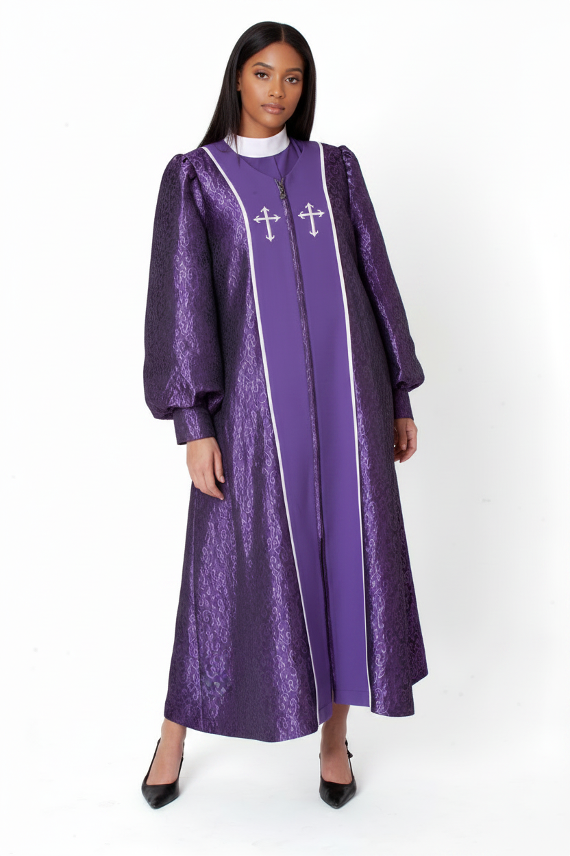 Purple Brocade Clergy Robe - Black Model