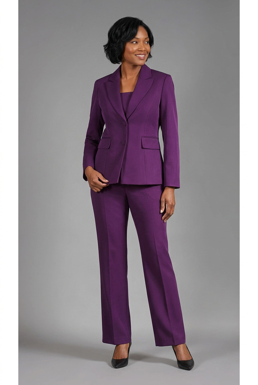 2pc Notch Collar Jkt+Pants Suit-Plus