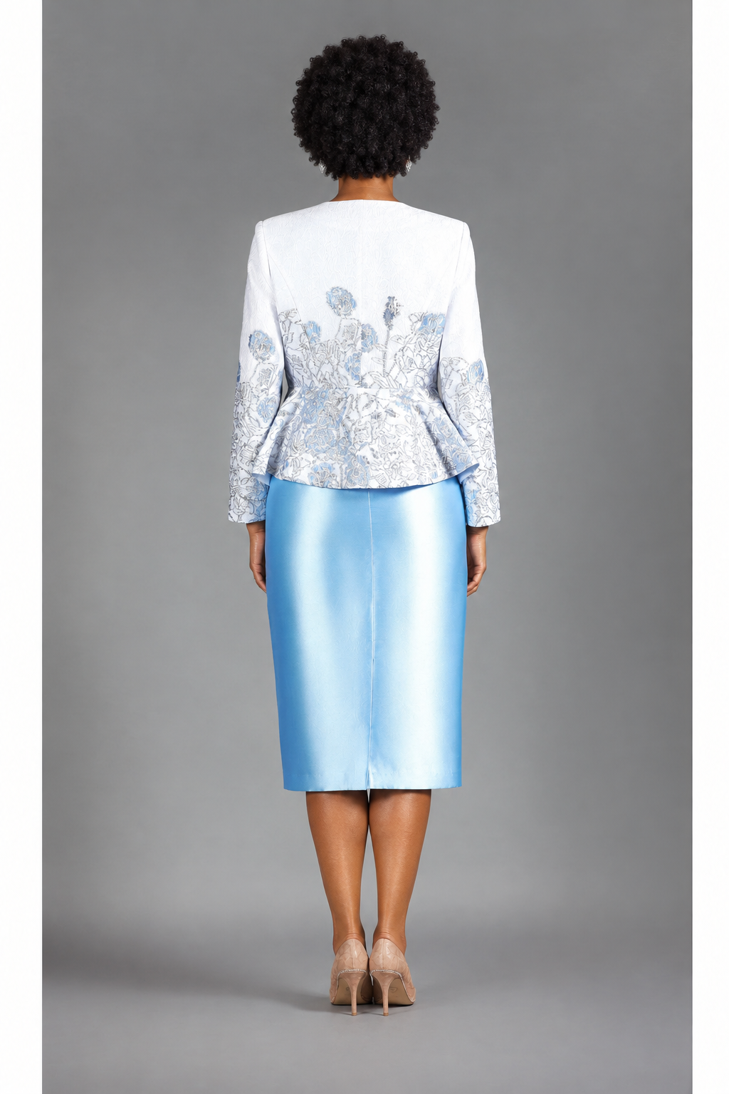 3pc Floral Brocade&Silky Twill Skirt Suit