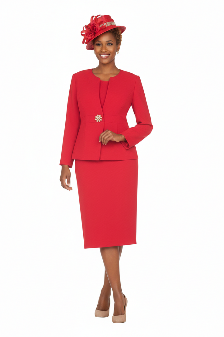 Timeless 3pc Skirt Suit with Jewel Brooch-Plus