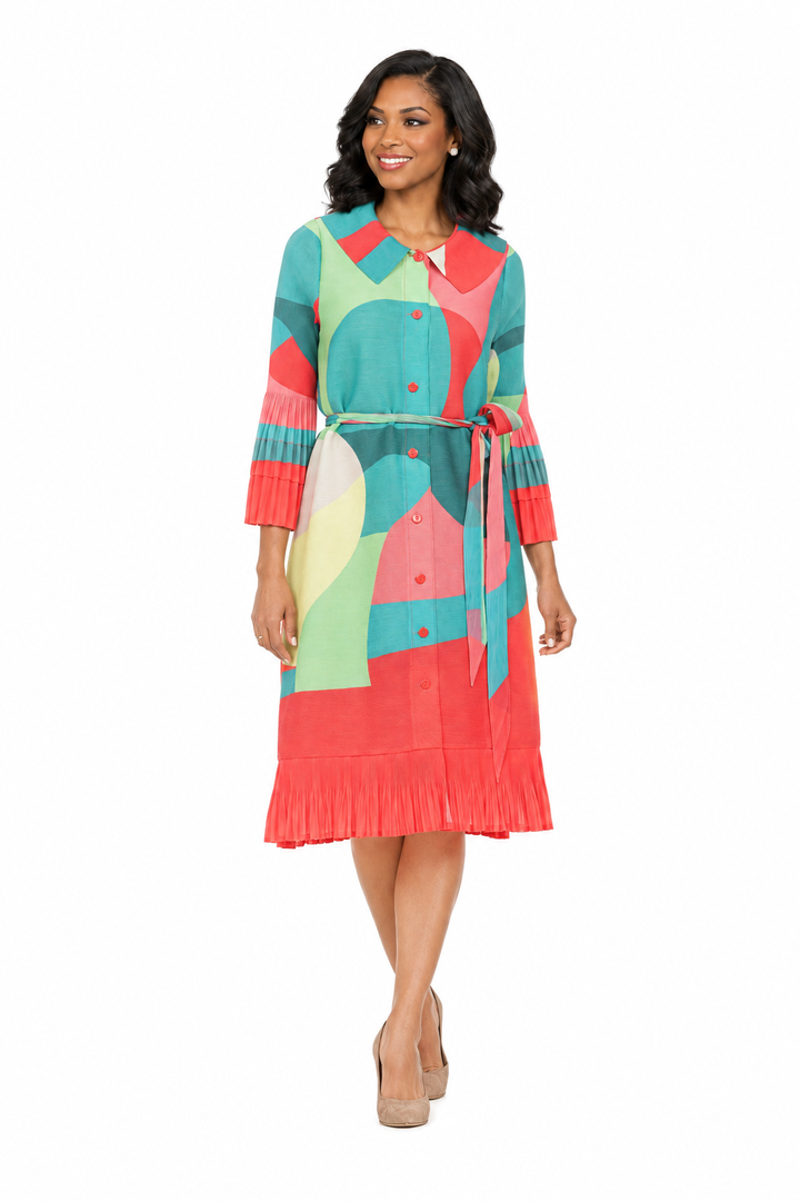 Abstract Print Button Down Midi Dress in Pleats