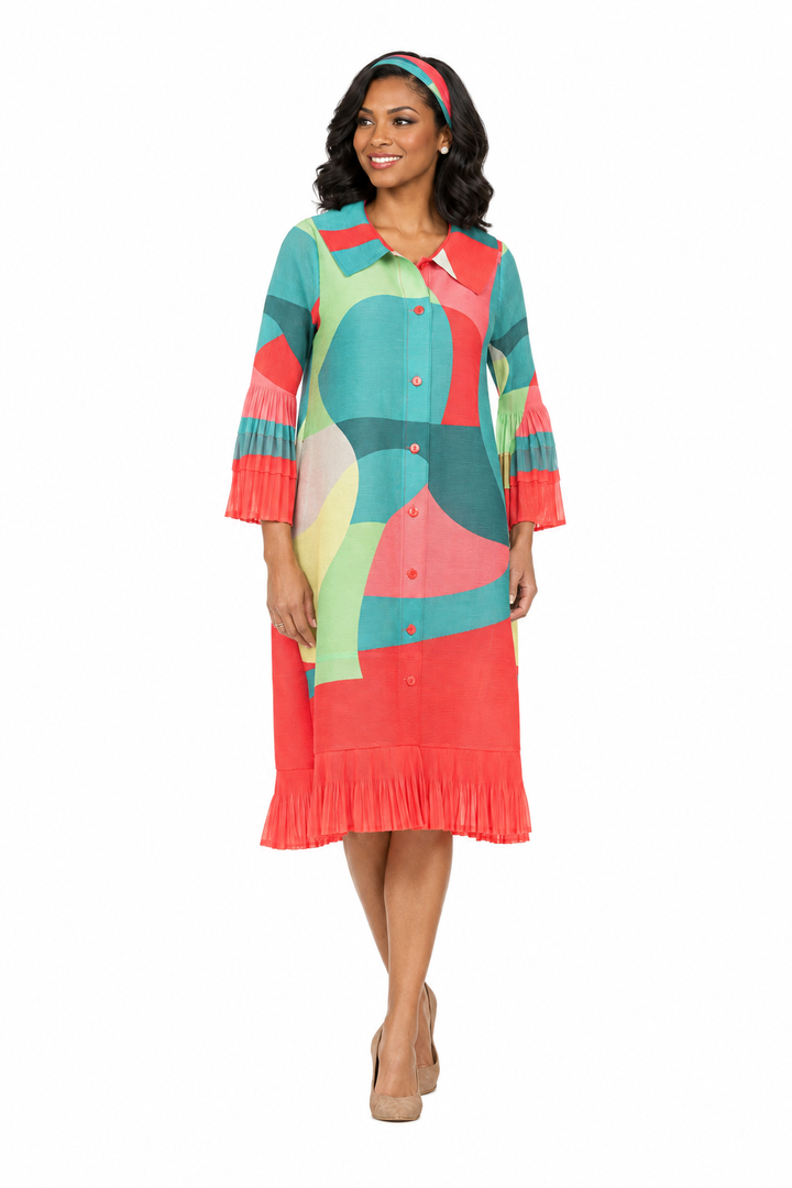 Abstract Print Button Down Midi Dress in Pleats