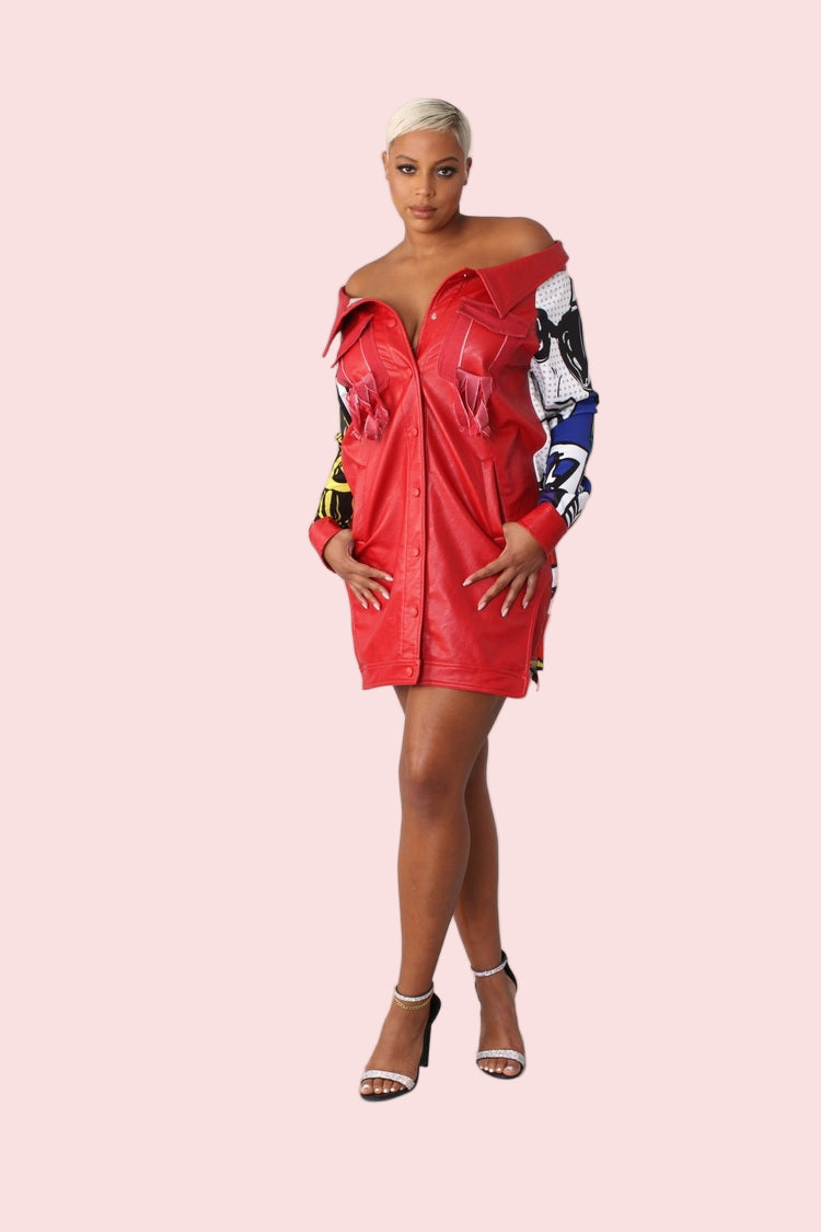 Leather and Printed Sleeve Long Jacket  - 81845