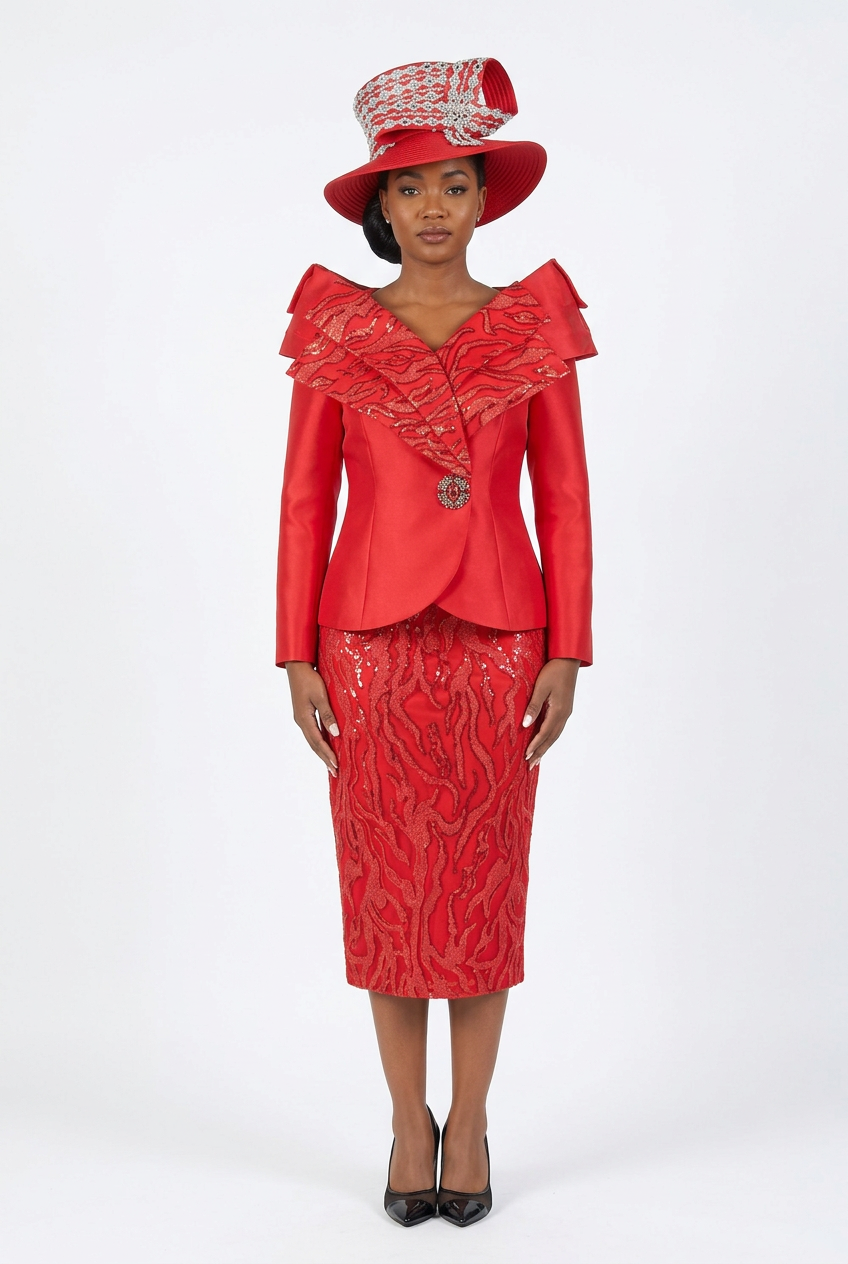 2pc Silky Twl+Seq Lace Skt Suit w/ Shoulder Dtl