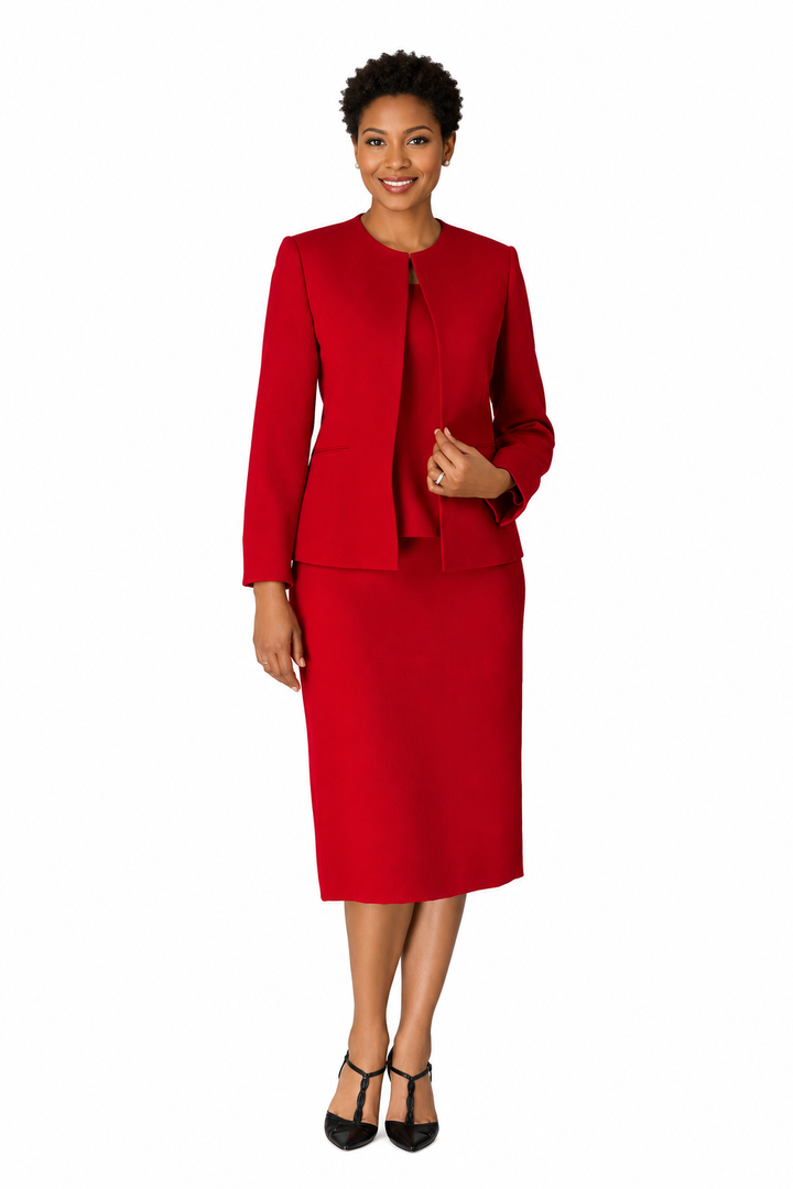3pc Round Neck Clean Lines Detailed Skirt Suit