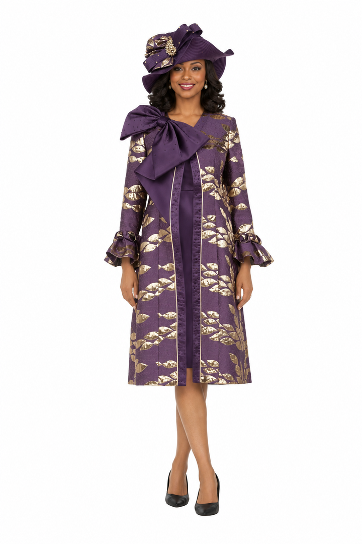 2pc Floral Brocade Coat+Satin-look Dress Set-Plus