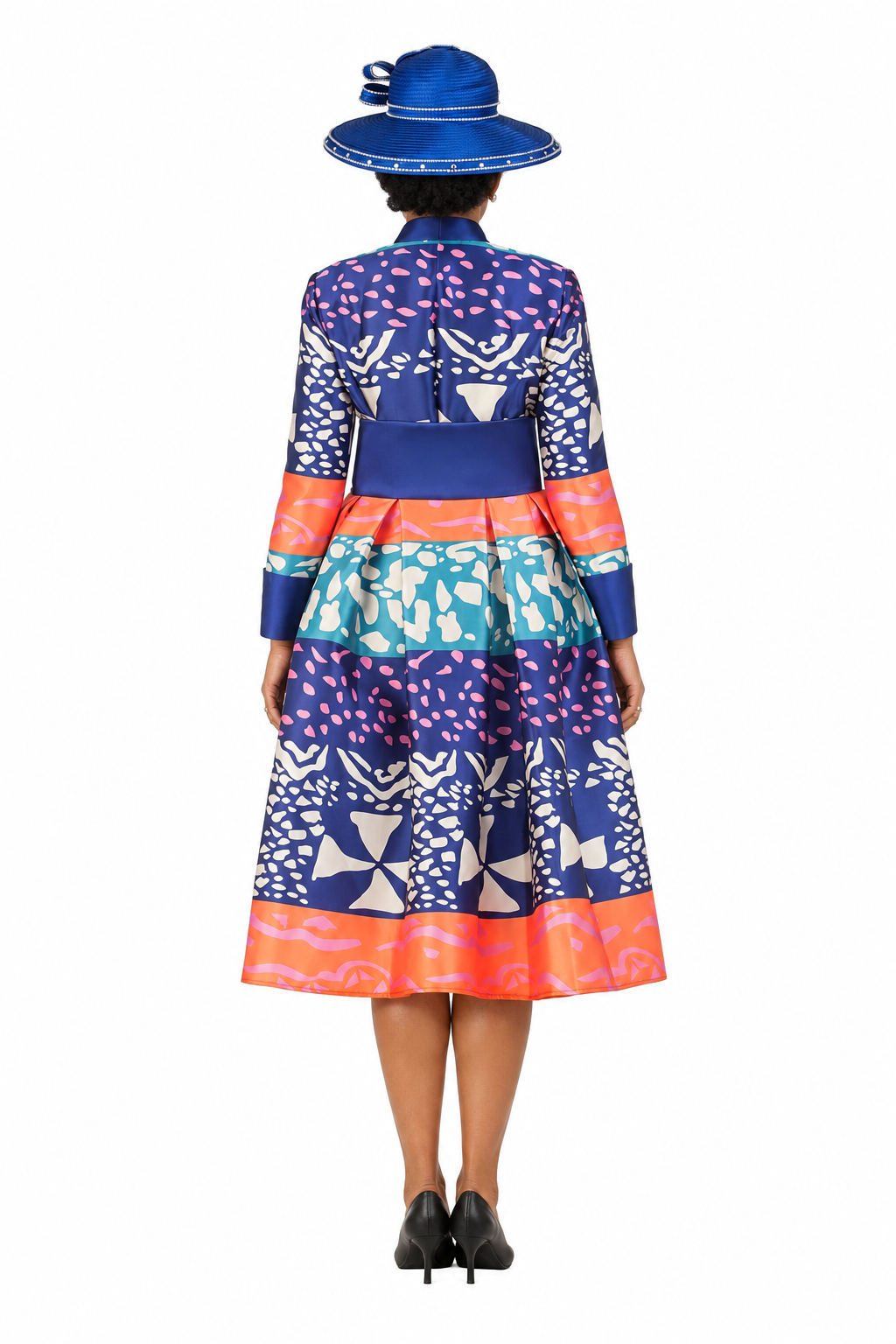 Stand Collar A-line Print Dress w/ Belt