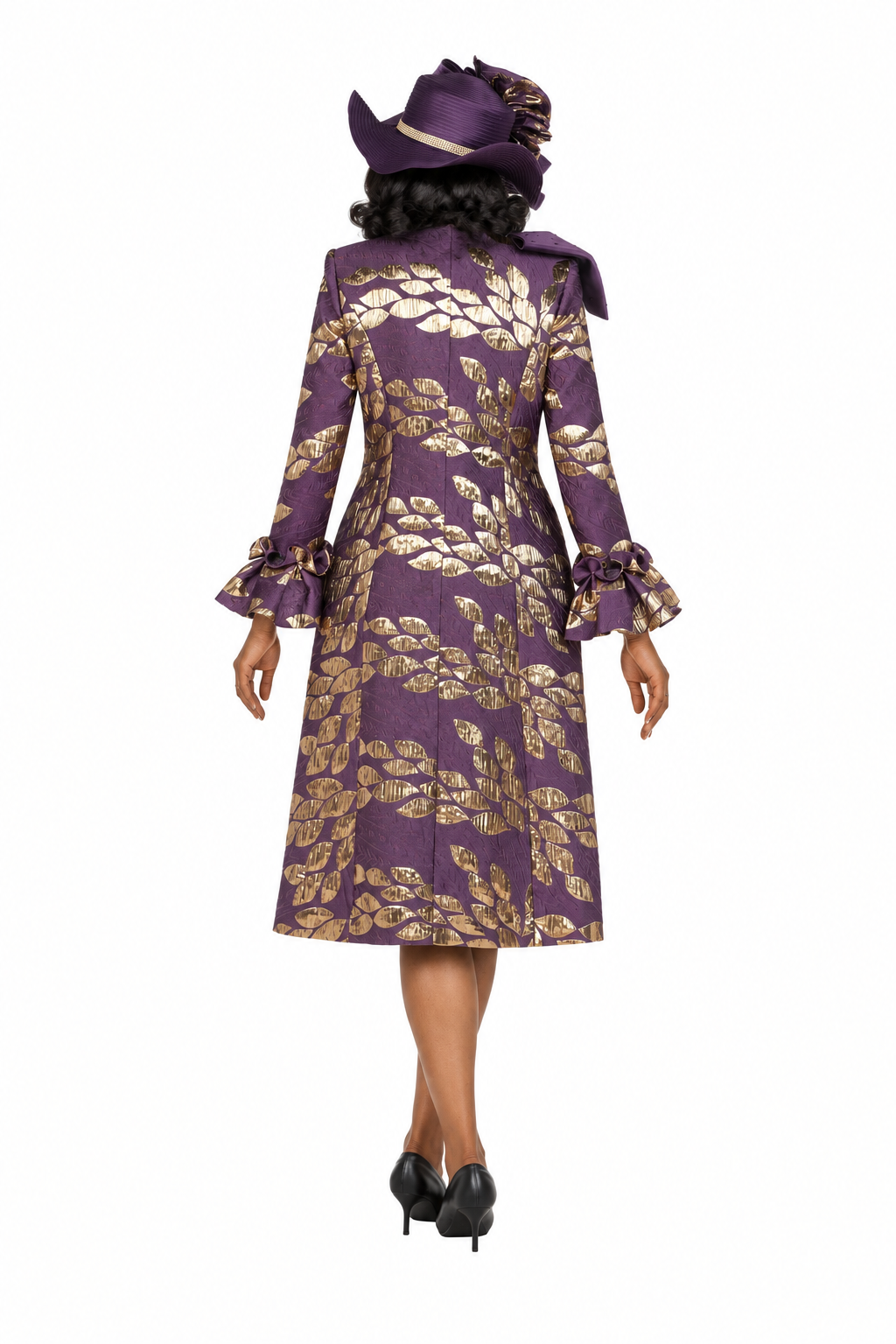 2pc Floral Brocade Coat+Satin-look Dress Set-Plus