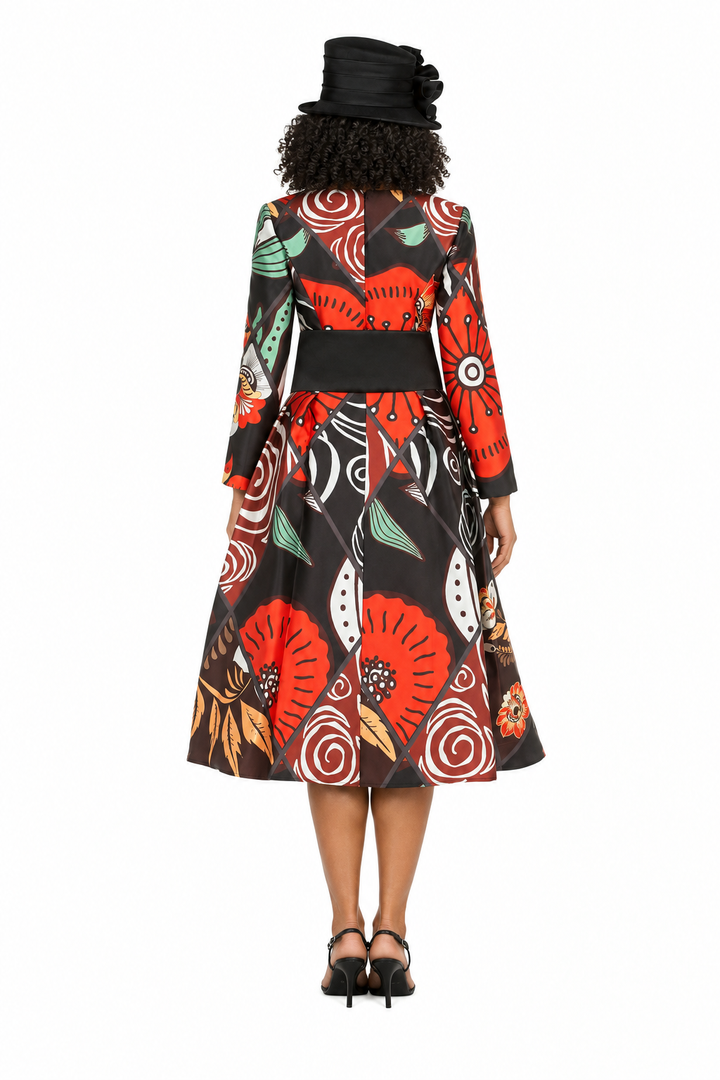 V-Neck LS Silky Twill Print Drs w/ Belt