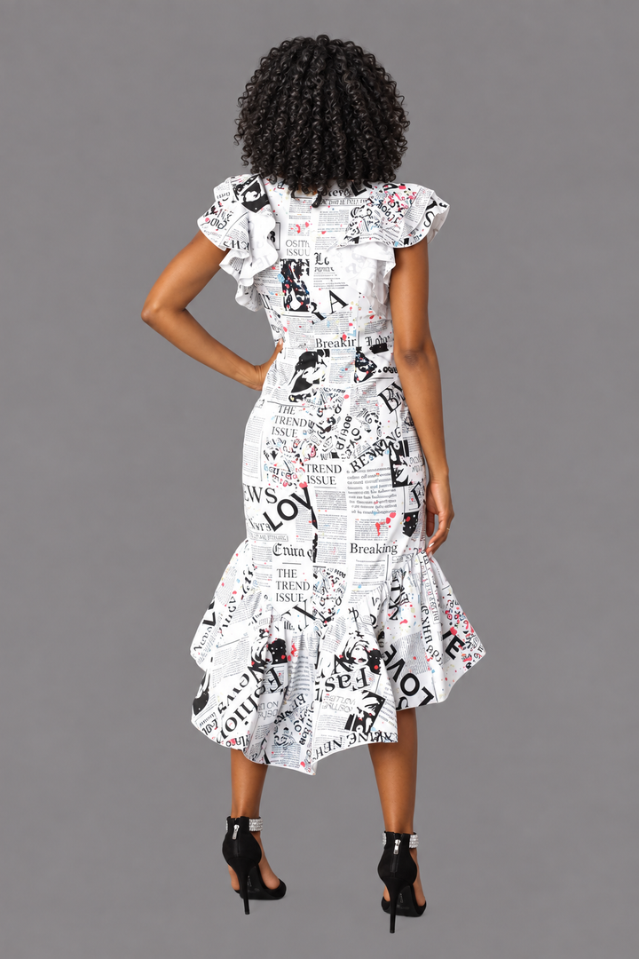 Newspaper Ruffle Midi Dress -81921