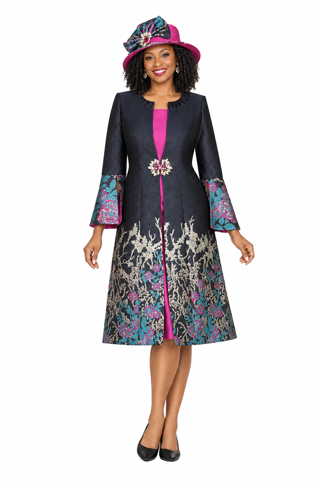 Luxe Brocade Coat&Silky Twill Dress Ensemble-Plus