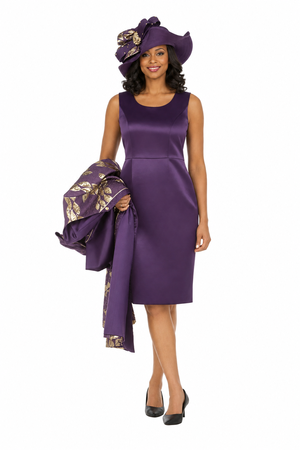 2pc Floral Brocade Coat+Satin-look Dress Set-Plus