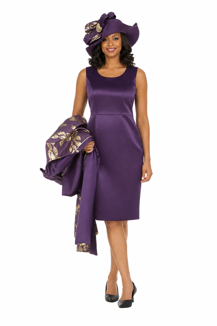 2pc Floral Brocade Coat+Satin-look Dress Set-Plus