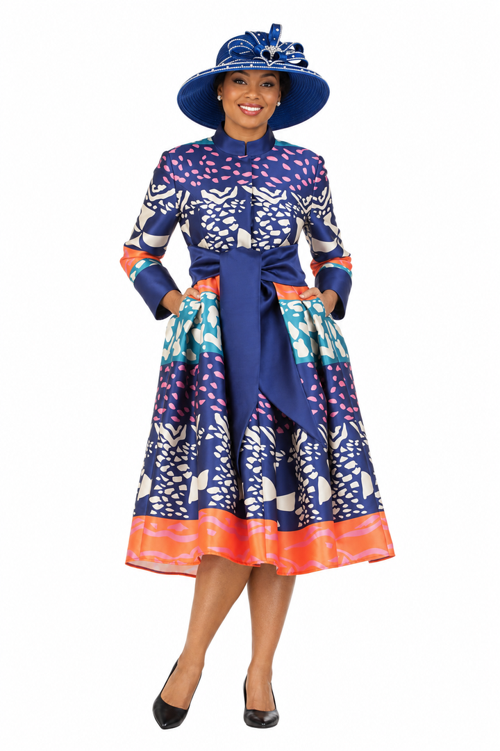 Stand Collar A-line Print Dress w/ Belt-Plus