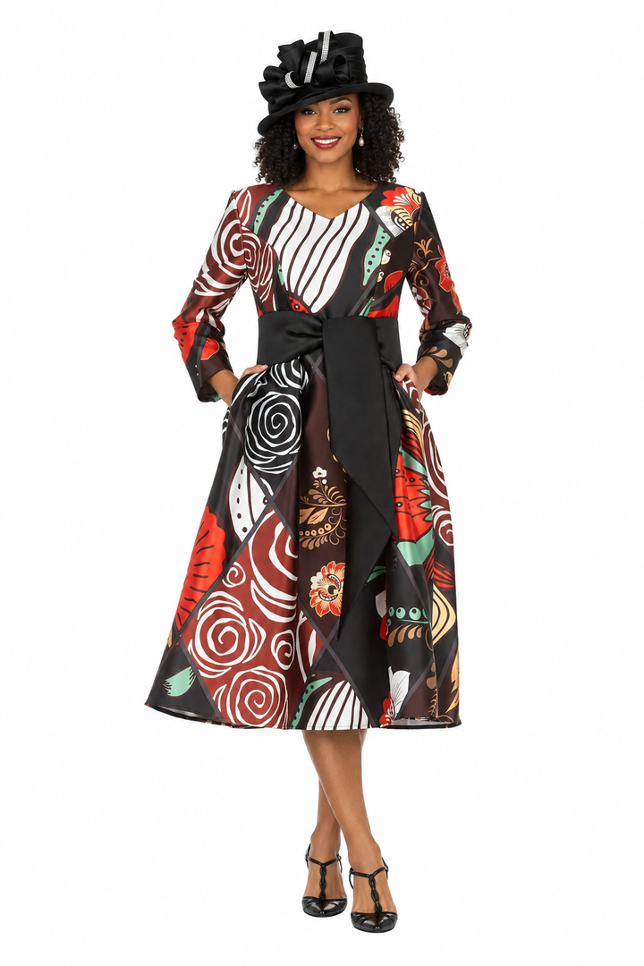 V-Neck LS Silky Twill Print Drs w/ Belt