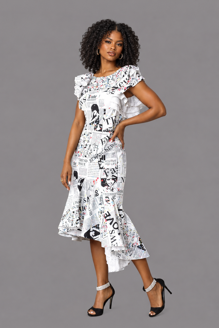 Newspaper Ruffle Midi Dress -81921