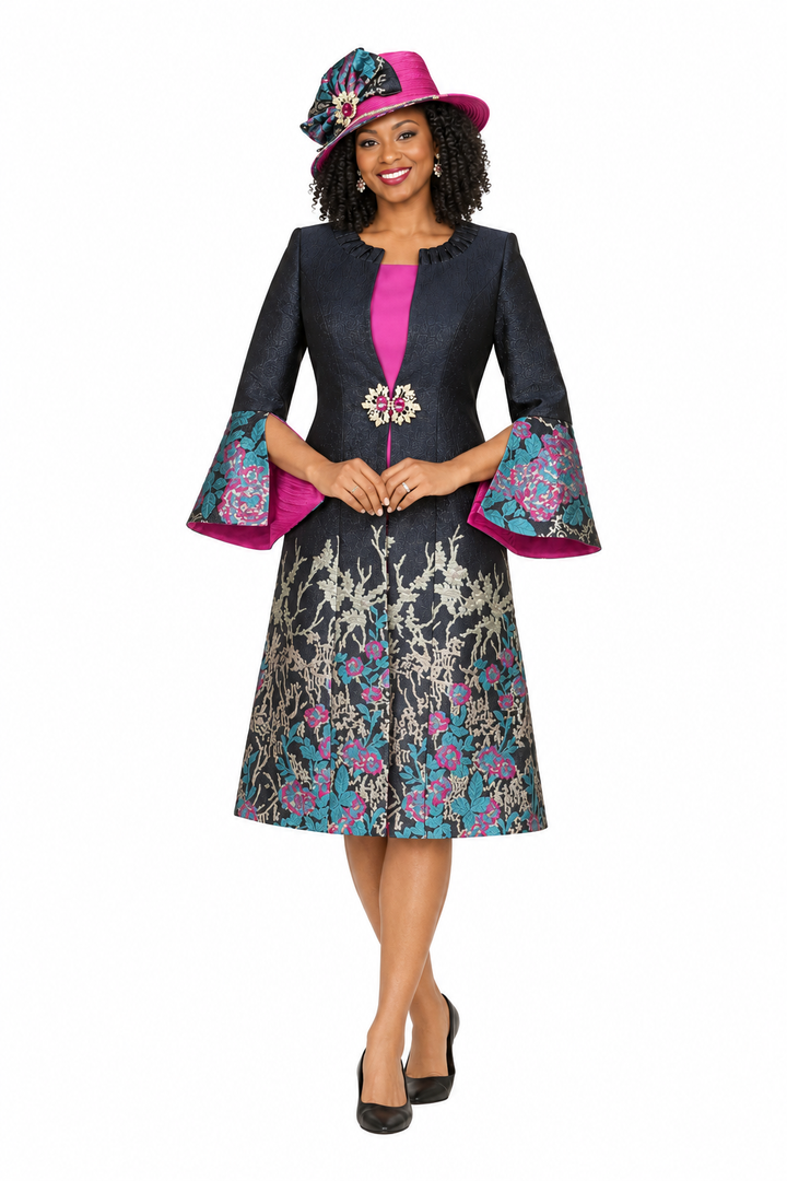 Luxe Brocade Coat&Silky Twill Dress Ensemble