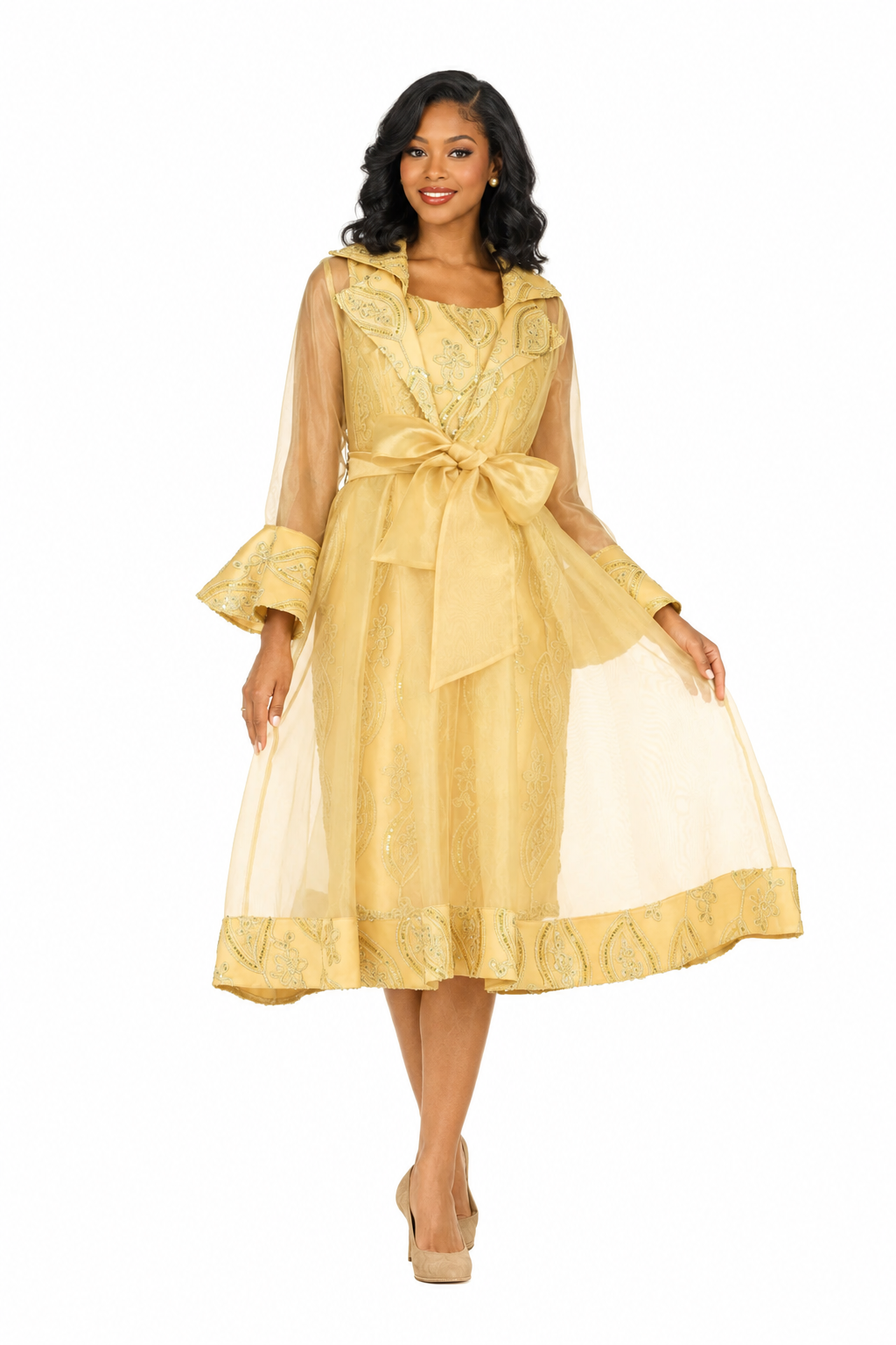 Embroidered Mesh 2pc A-Line Jacket Dress w/ Belt
