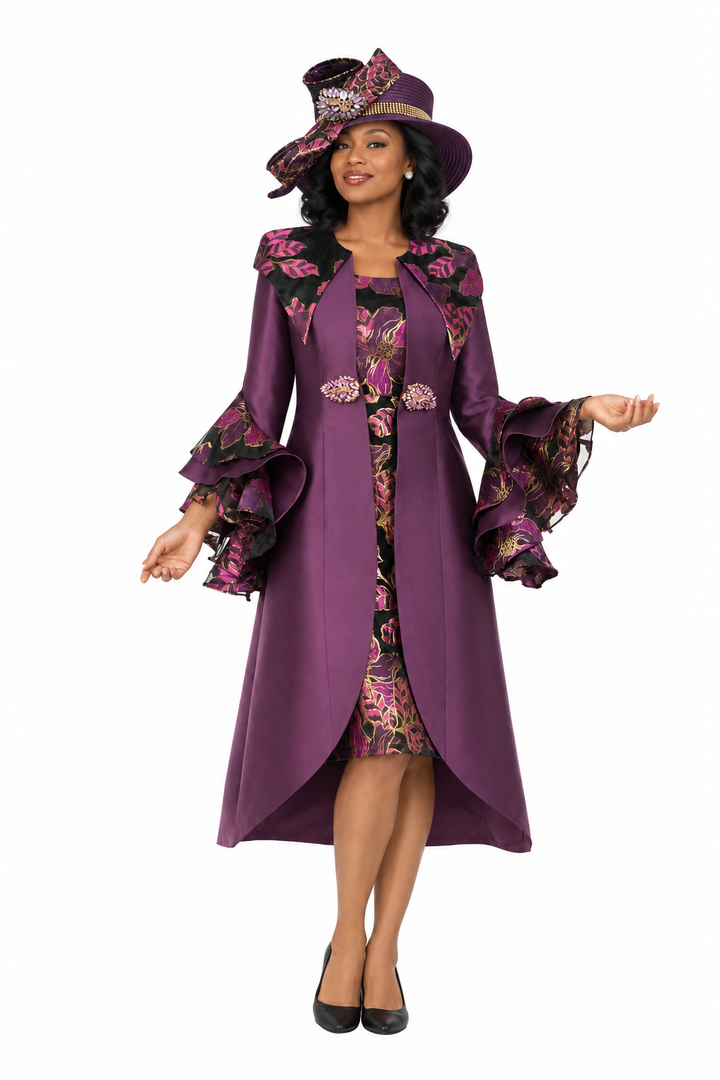 Floral Brocade Dress&Silky Twill Ruffle Coat Set