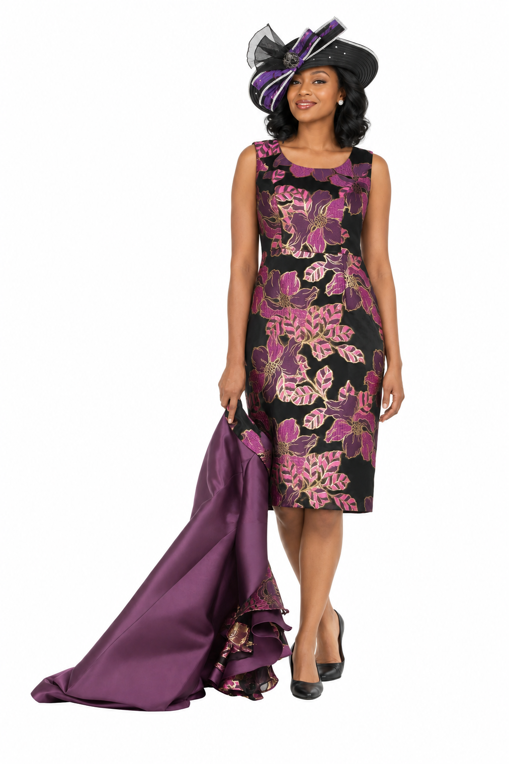 Floral Brocade Dress&Silky Twill Rfl Coat Set-Plus
