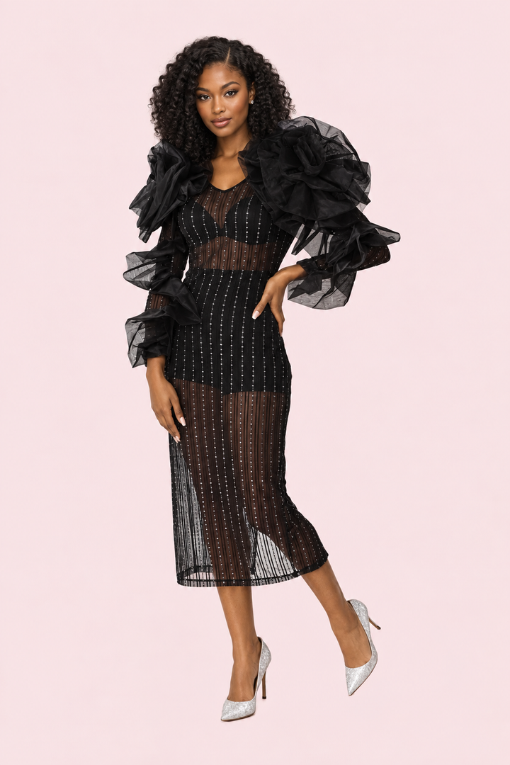 Sheer Ruffled Midi Dress -82185