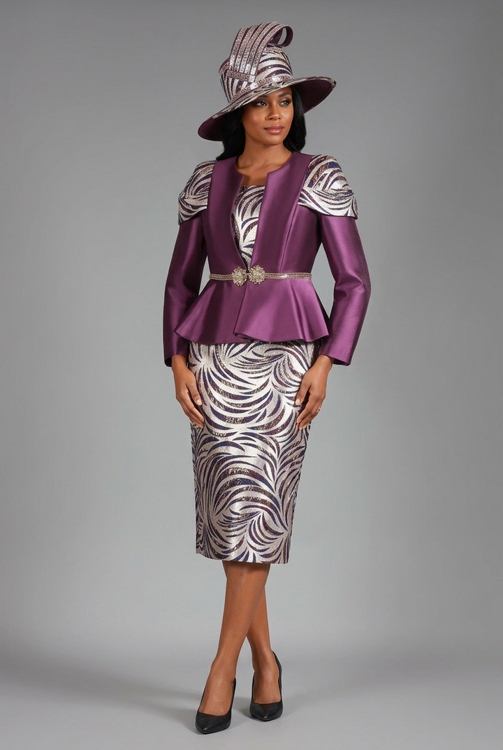3pc Silky Twl+Brcd Skt Suit w/ Gold Waist Dtl