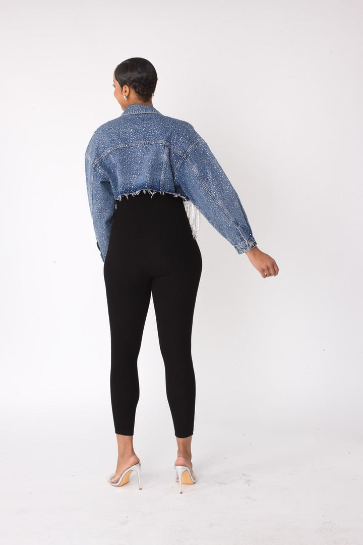 Rhinestone & Chain Fringe Cropped Denim Jacket - 82386