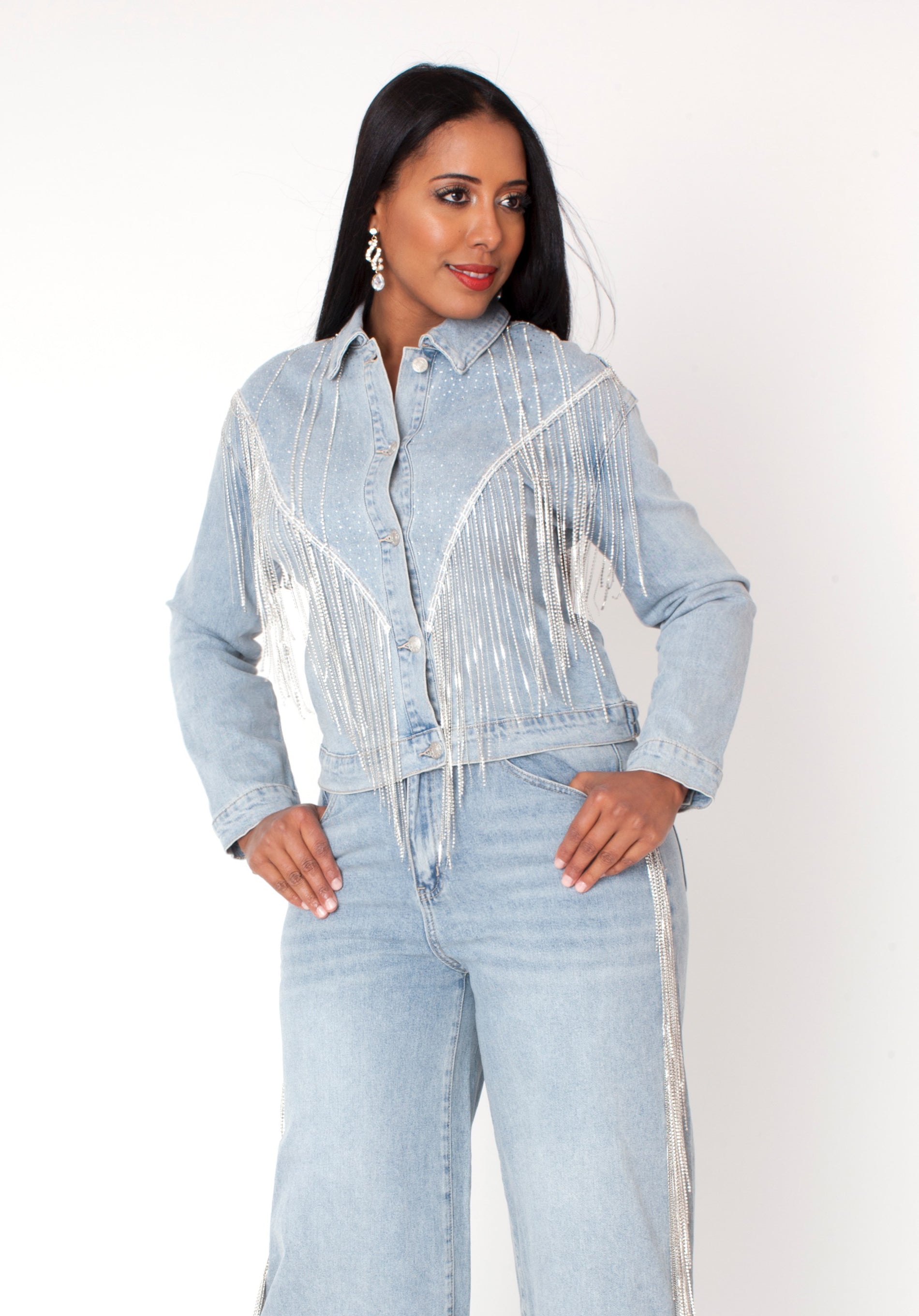 Rhinestone Fringe Denim Jacket – 82938
