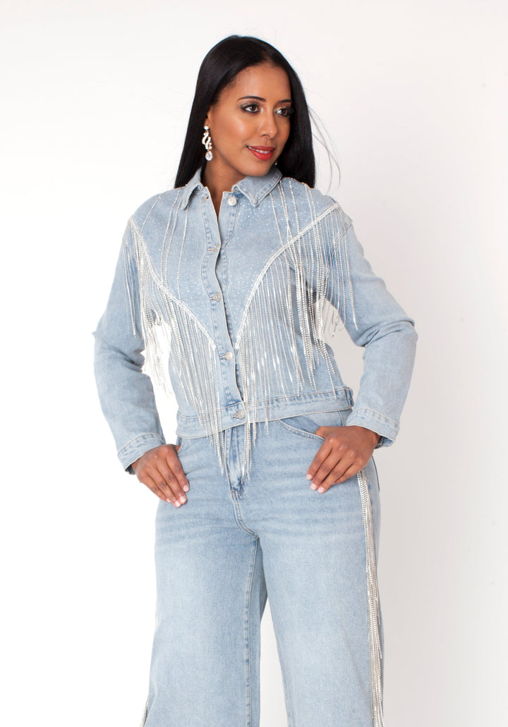 Rhinestone Fringe Denim Jacket – 82938