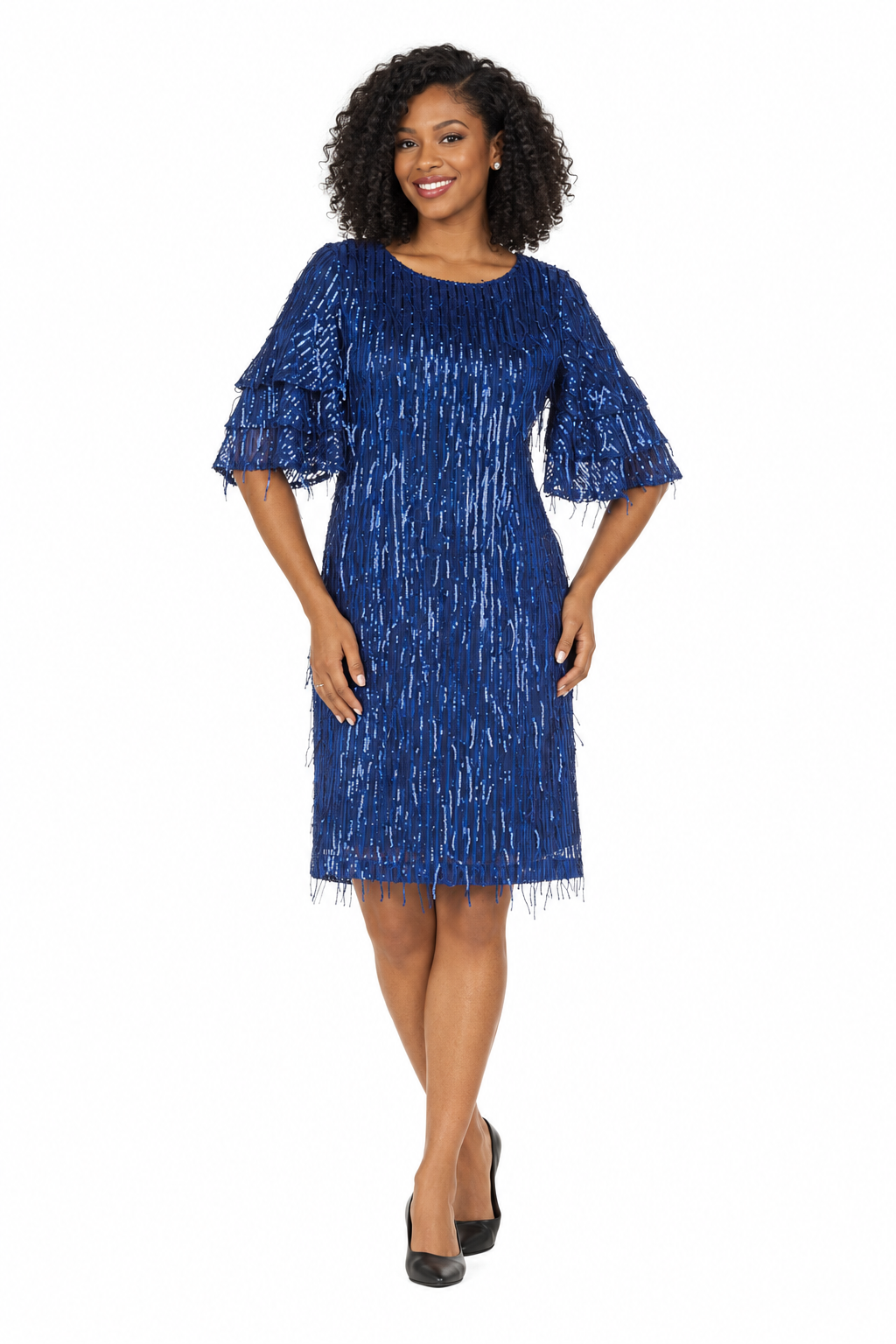Ruffled Slv Sequins Decor Shift Dress