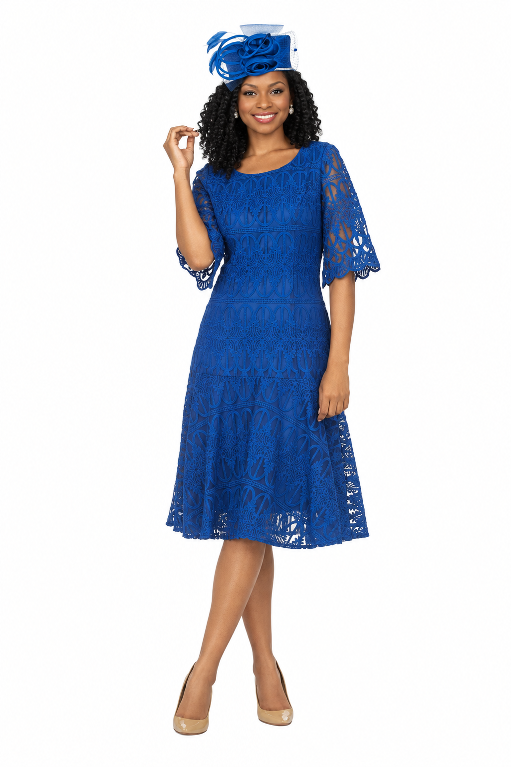 Ornate Lace Fit-and-Flare Midi Dress