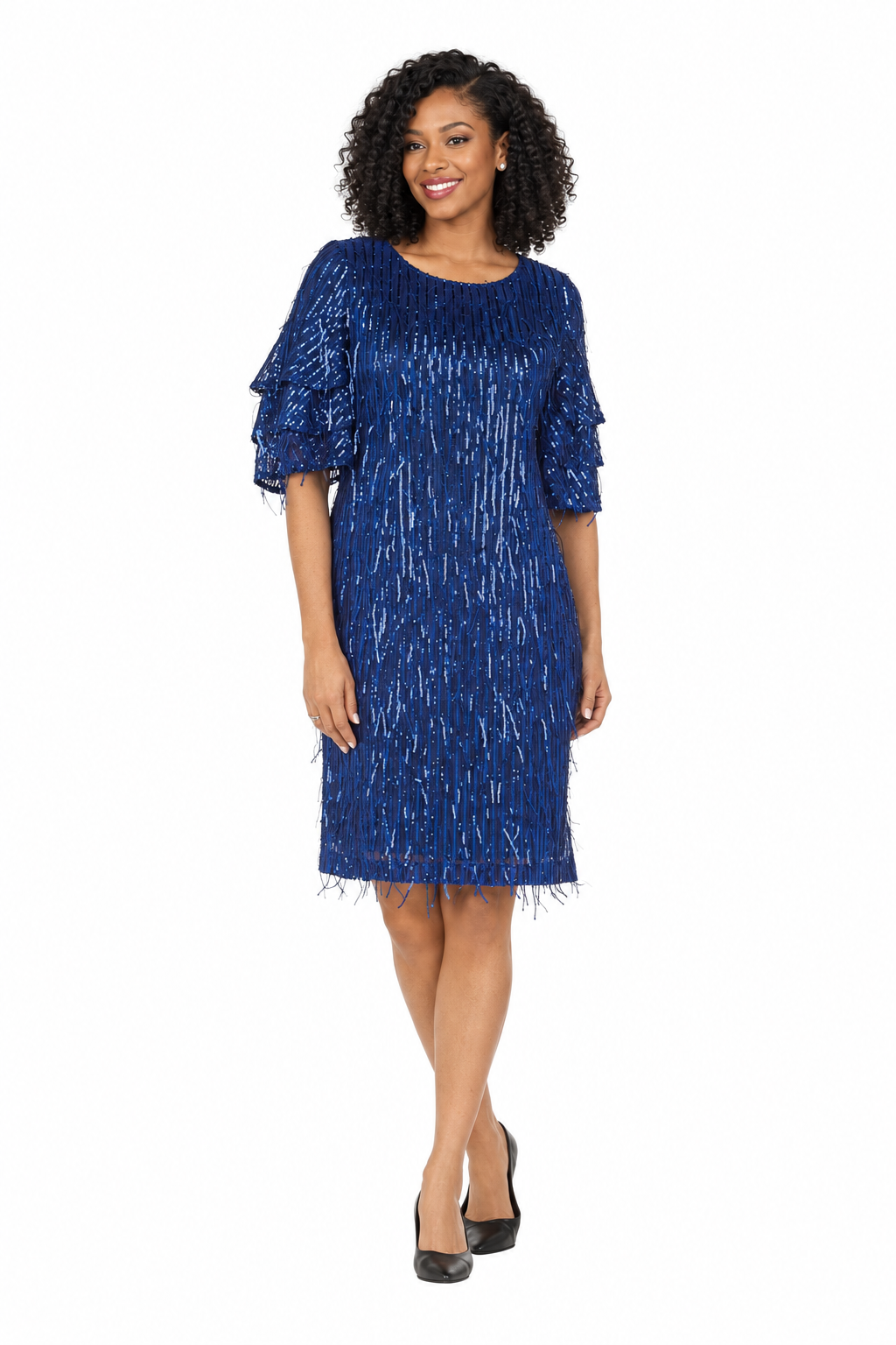 Ruffled Slv Sequins Decor Shift Dress-Plus