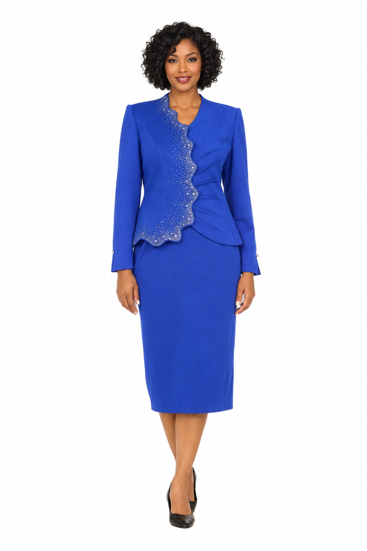 2pc Light Scuba Skirt Suit w/ Pleats & Stones