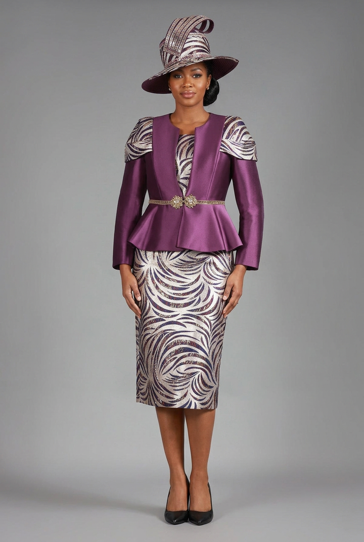3pc Silky Twl+Brcd Skt Suit w/ Gold Waist Dtl