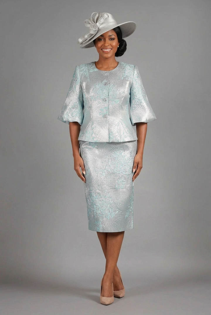 2pc Elbow Length Slv Brocade Skt Suit