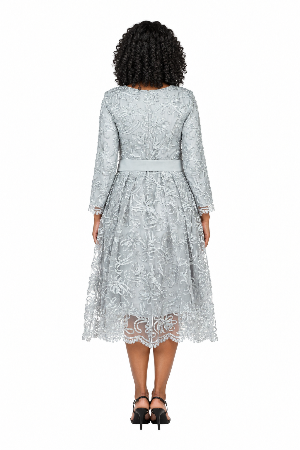 Long Slv Lux Lace A-line Dress w/ Belt - Plus