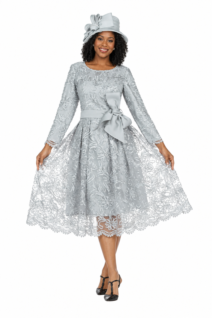 Long Slv Lux Lace A-line Dress w/ Belt - Plus