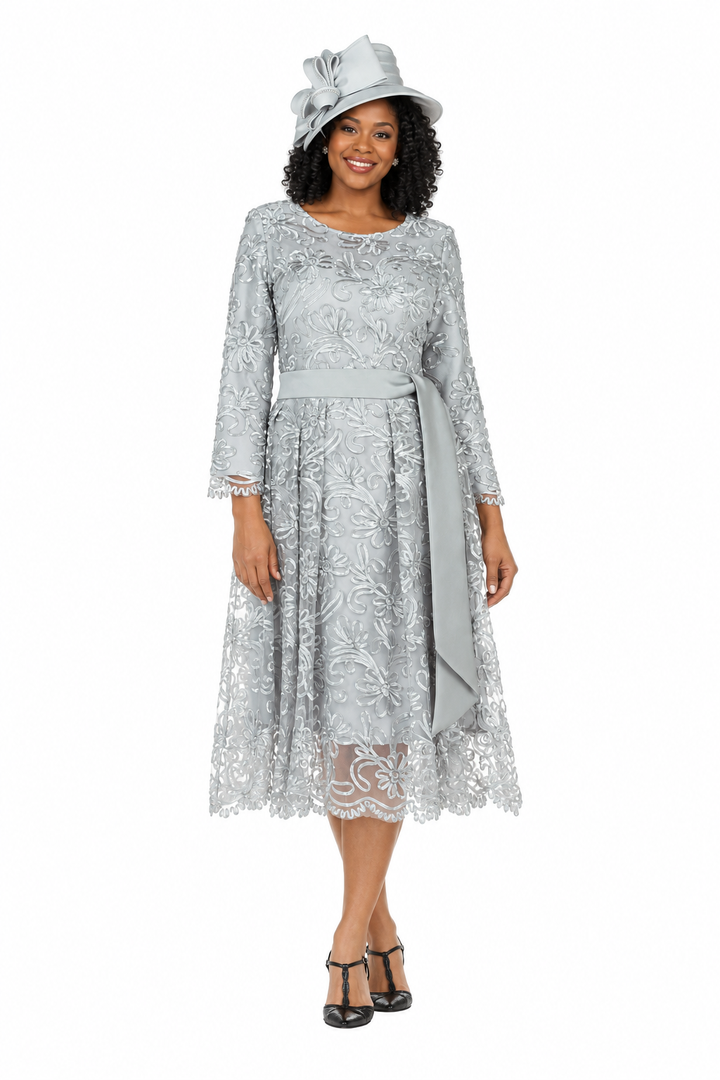Long Slv Lux Lace A-line Dress w/ Belt - Plus