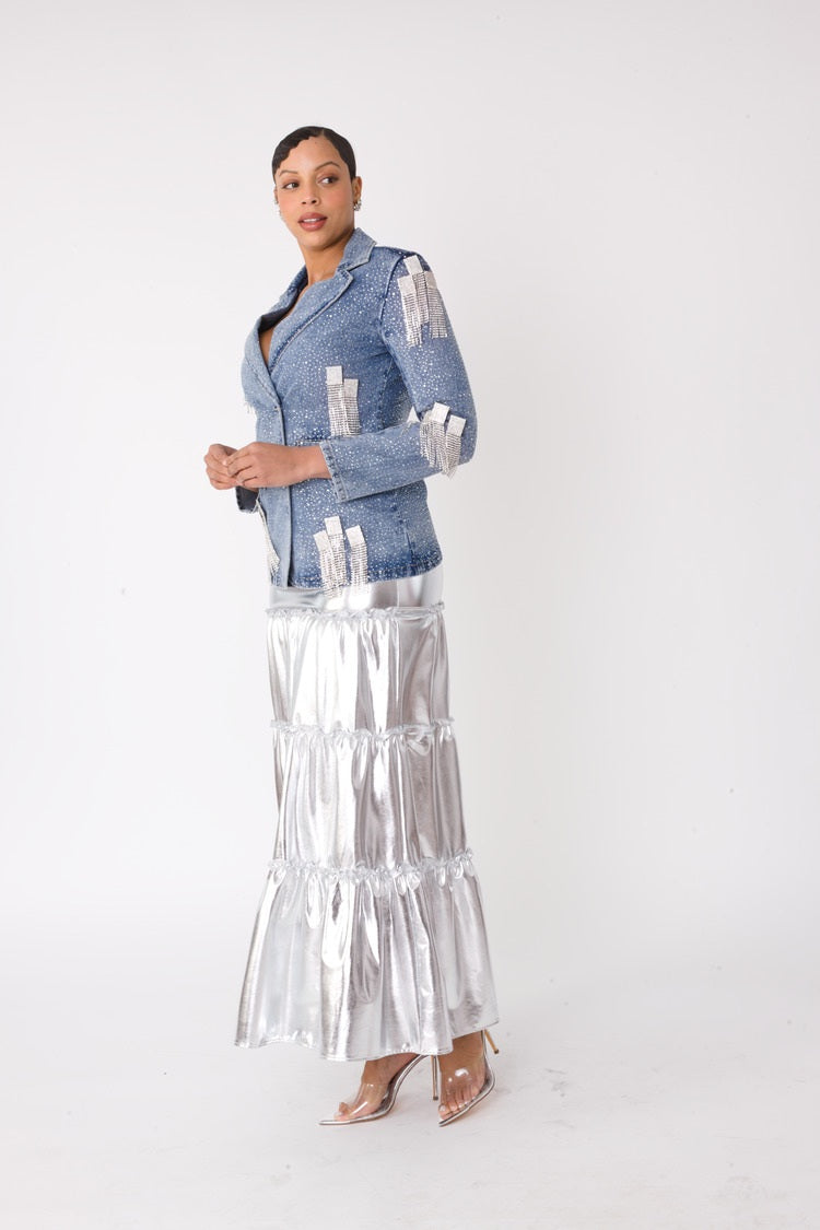 Silver Metallic Tiered Maxi Skirt -82477