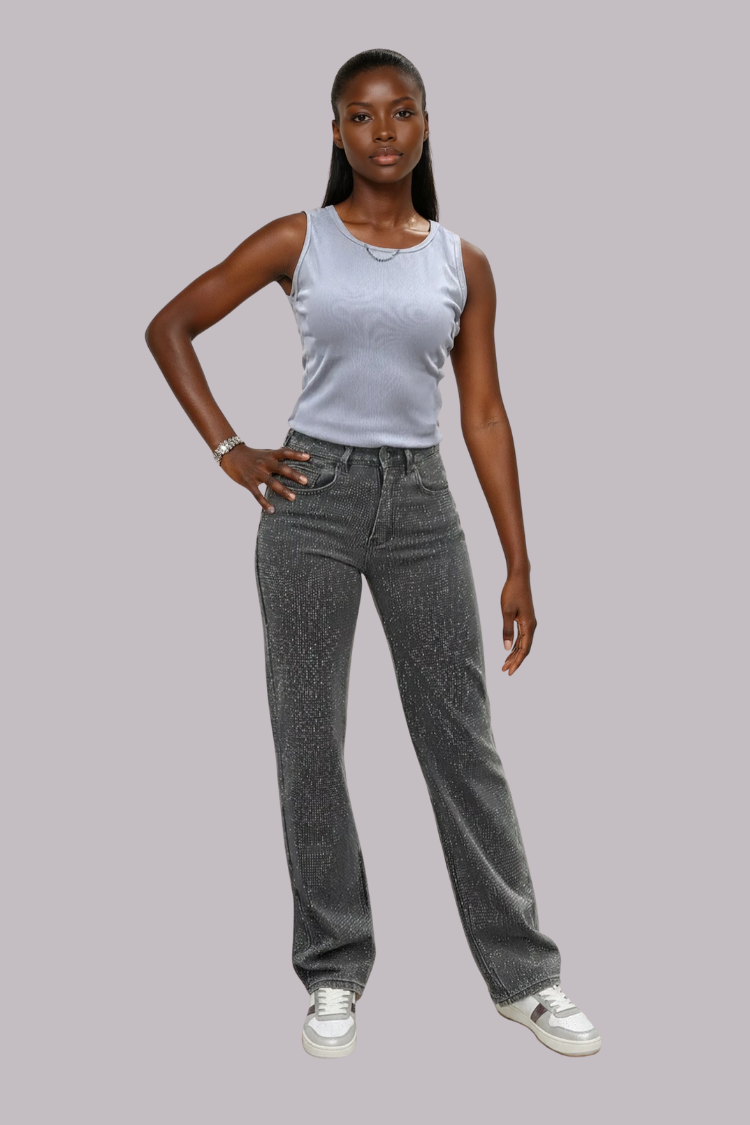 Straight Leg Denim Rhinestone Jeans -82829