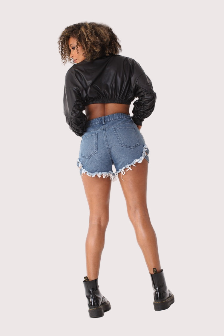 Studded Denim Shorts with Pearl Embellishments- 81850