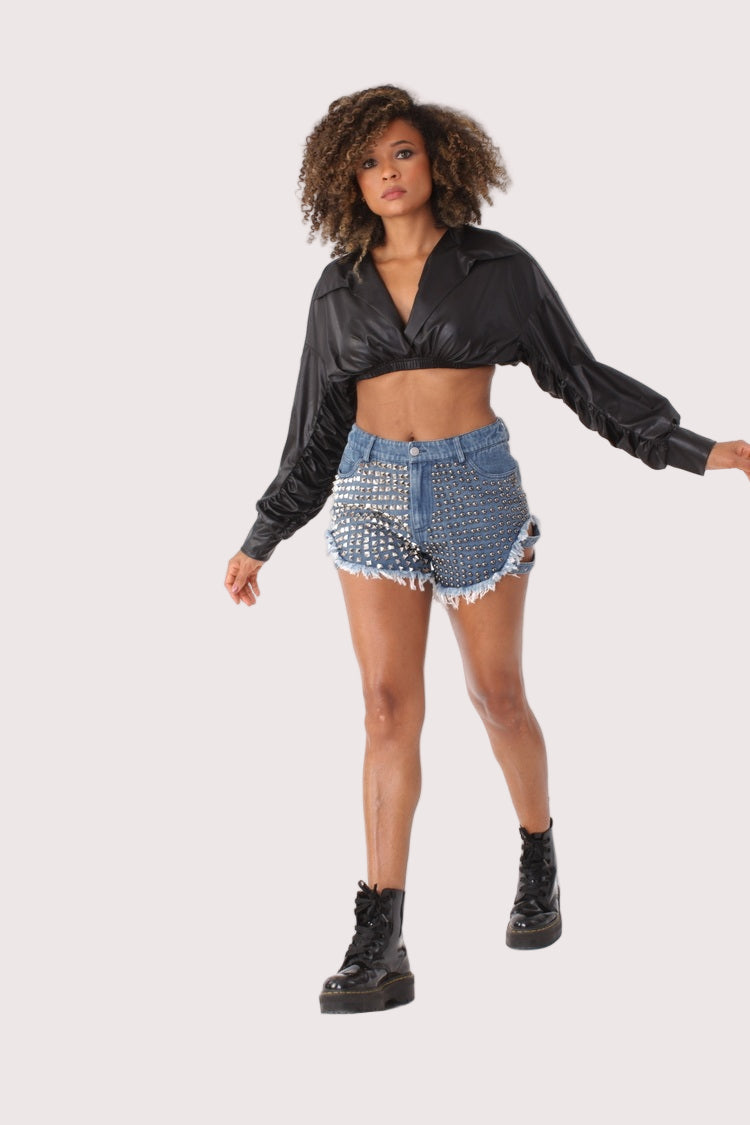 Studded Denim Shorts with Pearl Embellishments- 81850