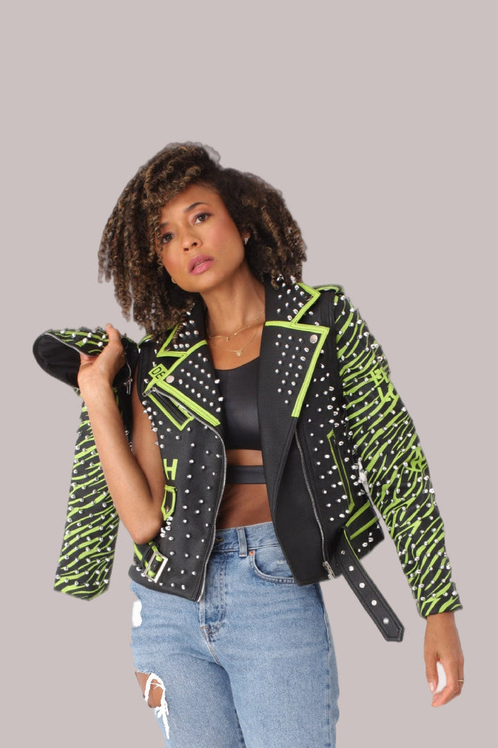 Studded Leather Jacket with Detachable Sleeves - 81989