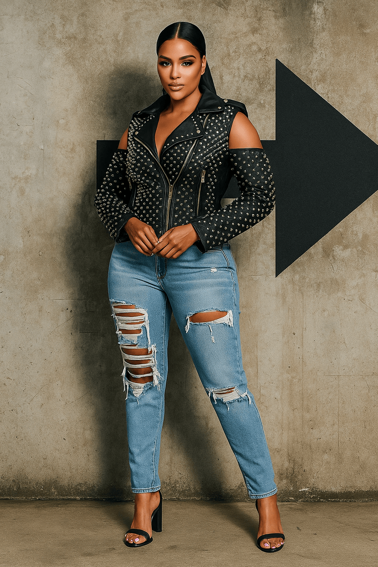 Studded Pleather Moto Jacket with Open Shoulders- 81936