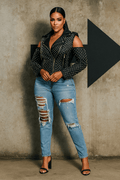 Studded Pleather Moto Jacket with Open Shoulders- 81936