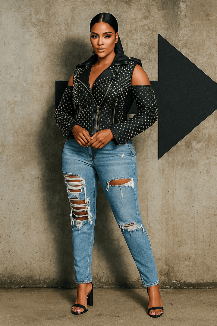 Studded Pleather Moto Jacket with Open Shoulders- 81936