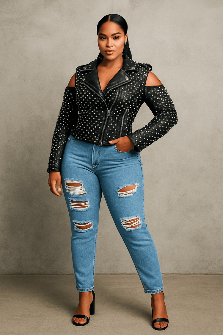 Studded Pleather Moto Jacket with Open Shoulders- 81936
