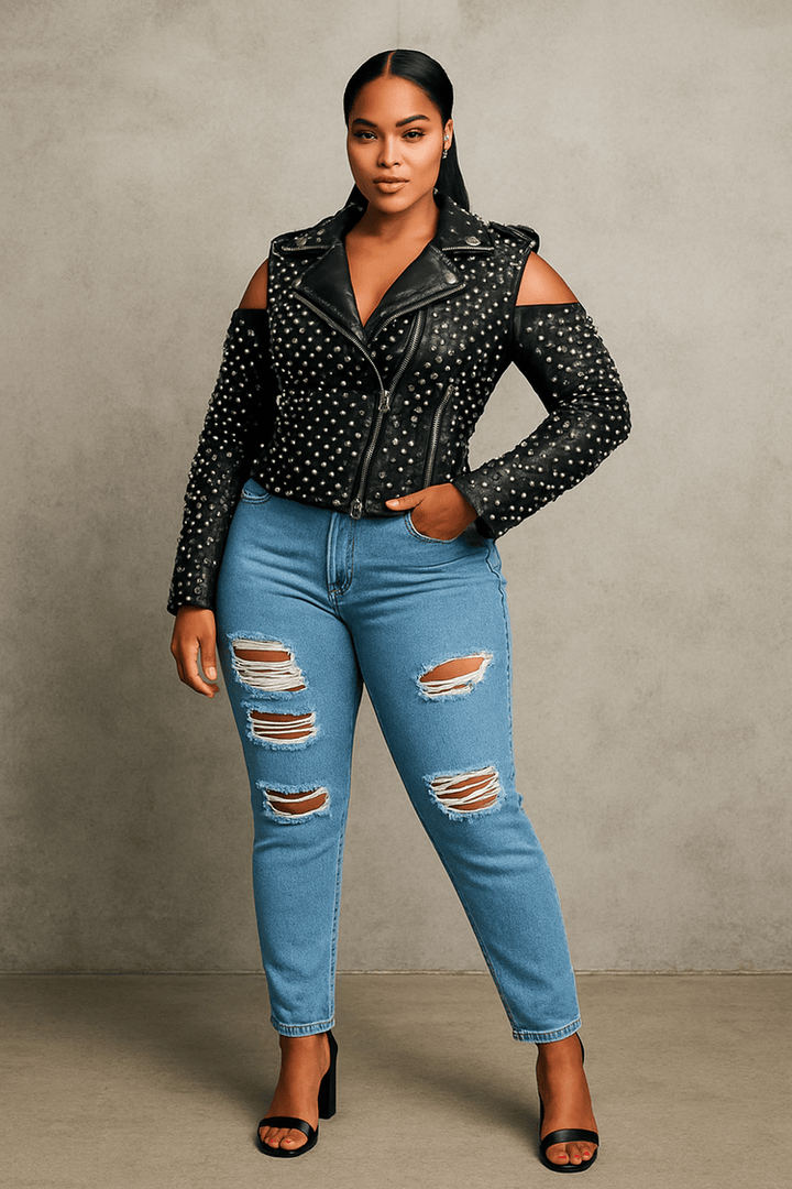 Studded Pleather Moto Jacket with Open Shoulders- 81936